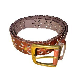 Brown Faux Leather Boho Hippie Cowgirl Belt Floral Cutout Brass Buckle 2XL